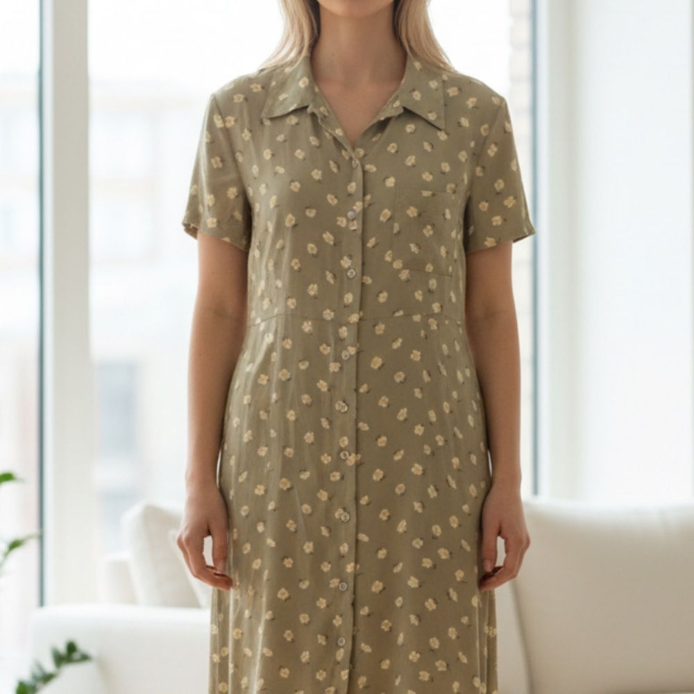 Vintage Olive Mini Shirt Dress with Cream Floral Print